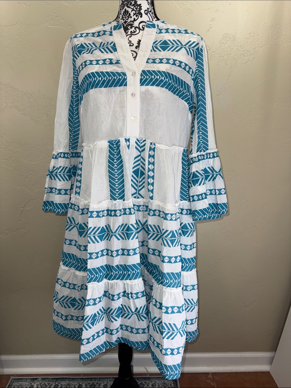 Attic Salt Blue & White Cotton Tiered V-Neck Boho Midi Dress Coastal Aztec XL
